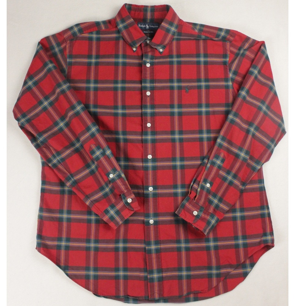 Vintage Ralph Lauren Plaid‎ Button Front Shirt XL Red Tartan Classic Fit Cotton